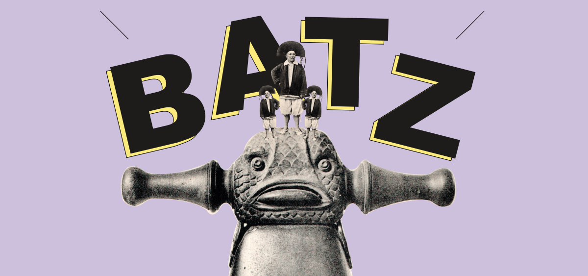 Le nom BATZ en noiret jaune sur un fond violet avec une sorte de totem avec trois personnes posées sur le haut de sa tête